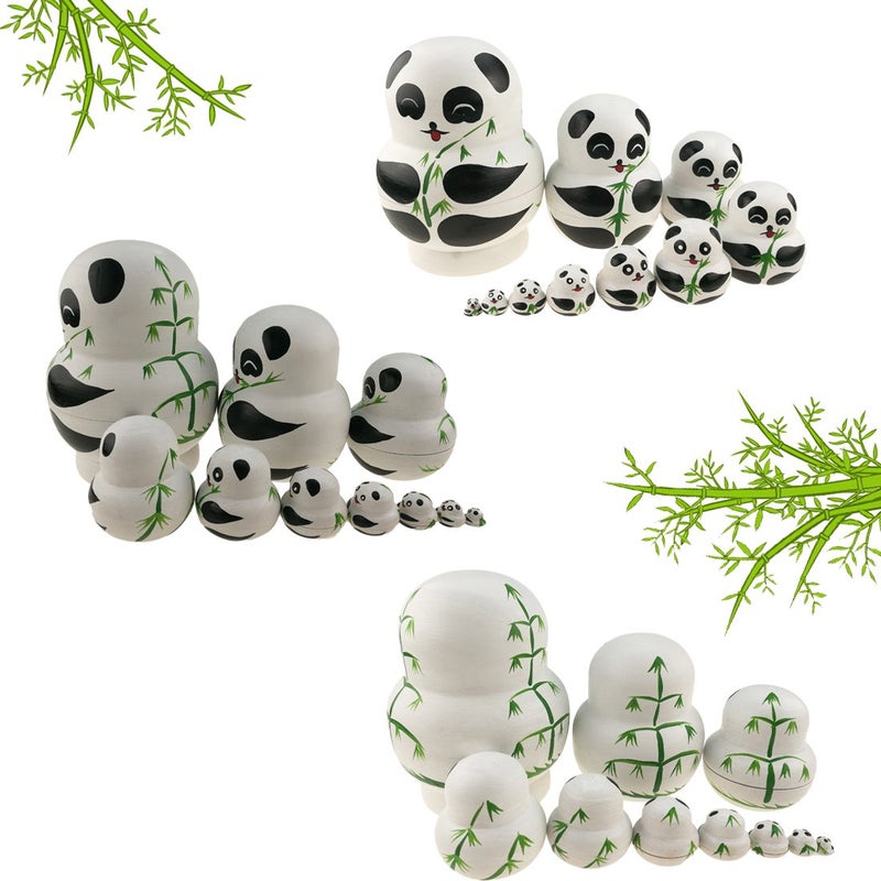 Apol Set of 10 Big-Belly Wooden Handmade Panda Bear with Bamboo Nesting Dolls Matryoshka Russian Doll in a Box with Bow for Kids Toy Home Decoration New Year - Image 2